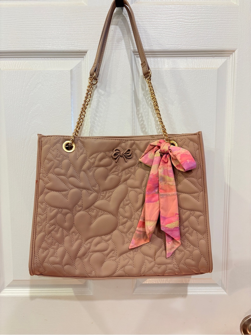 Quilted Betsey Johnson Heart Tote Bag with Pink Scarf Accent - Taupe